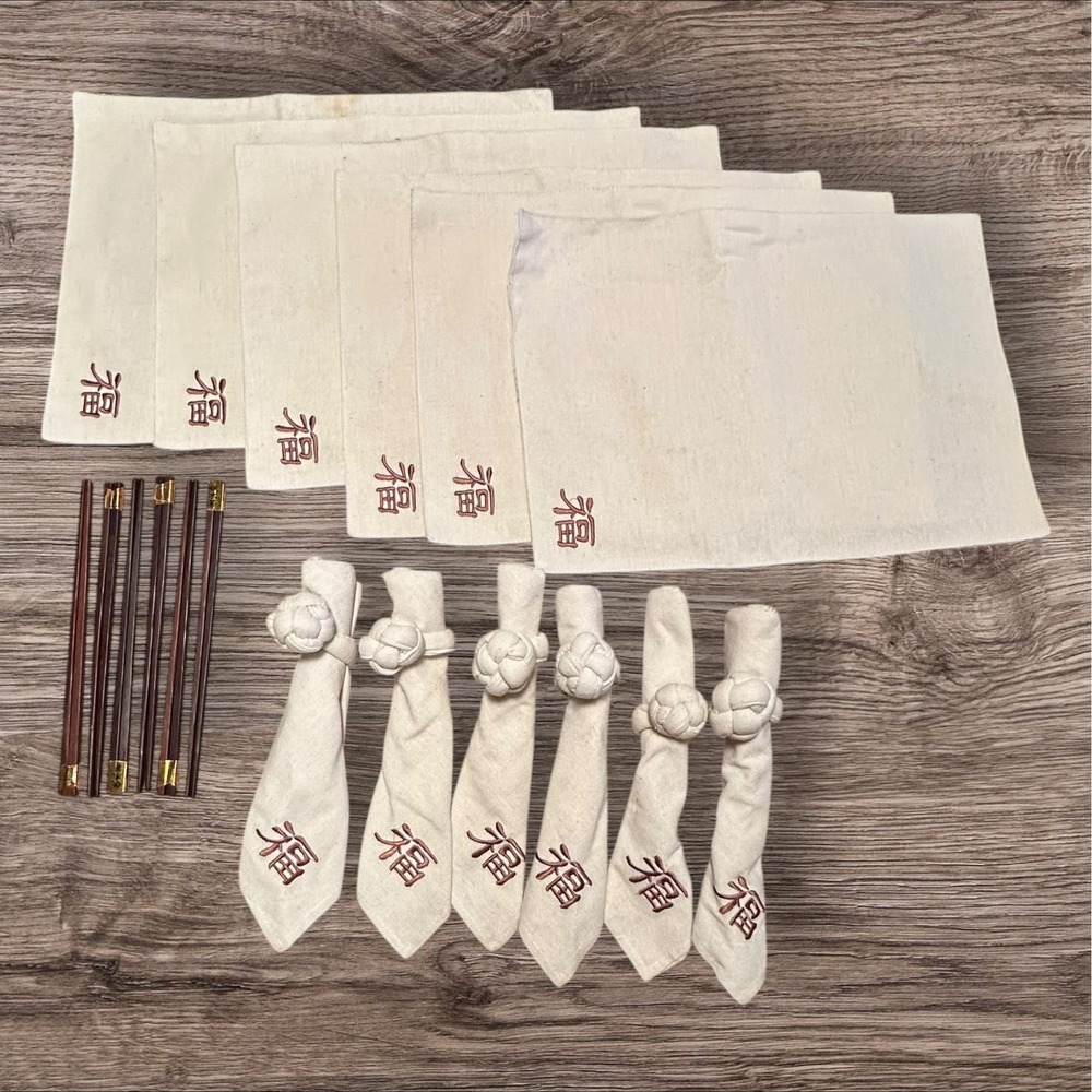 Set Of 6 Place Settings - Chinese Blessing Placemats/Napkins/Rings/Chopsticks